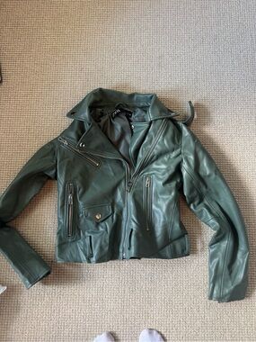 Zara Dark Green Faux Leather Biker Jacket - Women's